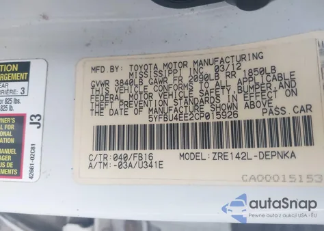 2012 Toyota Corolla Le z USA, uszkodzony, nr VIN 5YFBU4EE2CP015926